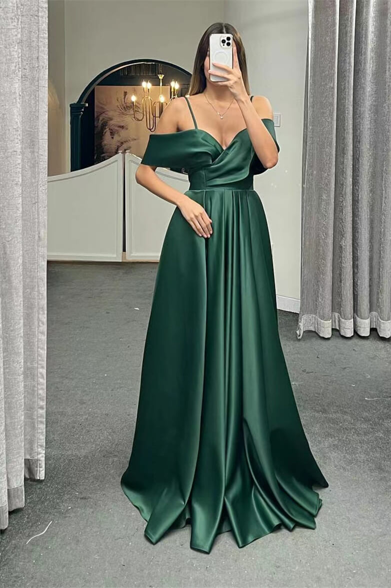 Newinlook Off-The-Shoulder Spaghetti-Straps A-Line Lace-Up Back Long Evening Dress