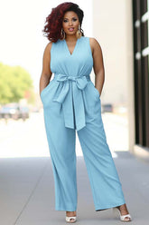 Newinlook Pool Blue V-Neck Sleeveless Jump Suit With Bow Belt