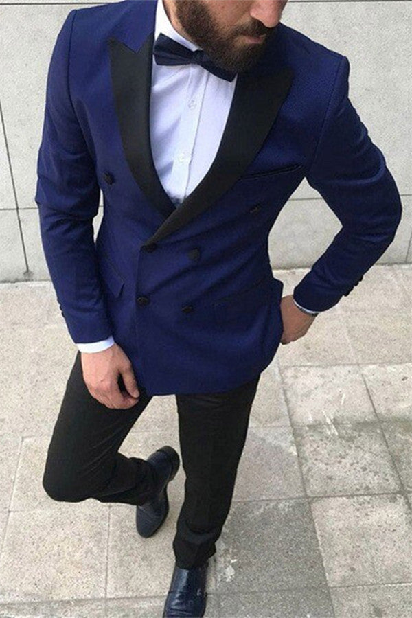 Newinlook Fashion Double Breasted Peaked Lapel Prom Suits, Navy Blue for Guys
