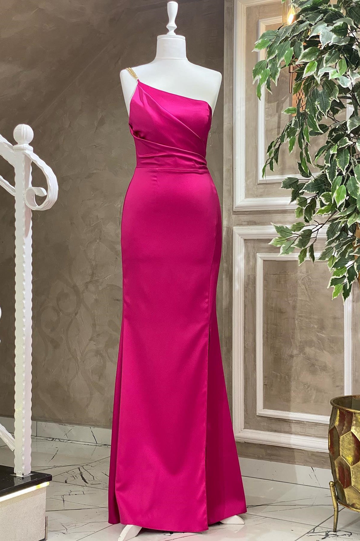 Newinlook Fuchsia One Shoulder Floor Length Evening Dress With Pleat Mermaid
