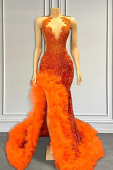 Gorgegous Orange Sleeveless Mermaid Long Formal Dresses with Side Slit and Tulle Beads