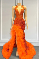 Gorgegous Orange Sleeveless Mermaid Long Formal Dresses with Side Slit and Tulle Beads