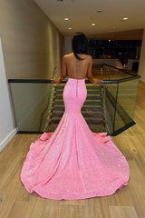 Newinlook Sexy Transparent Straps Pink Mermaid Sequins Beads Evening Dress With Flared Hemline