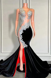 Designer Sleeveless Long Black Velvet Mermaid Formal Dresses with Appliques and Beads