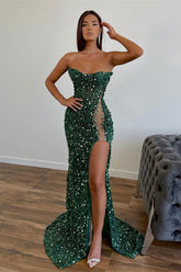 Newinlook Shining Emerald Sleeveless Sequins Strapless Evening Dress