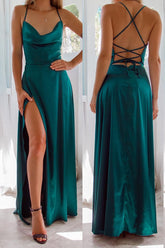 Newinlook Spaghetti-Straps Dark Green Front Split Evening Dress Strapless
