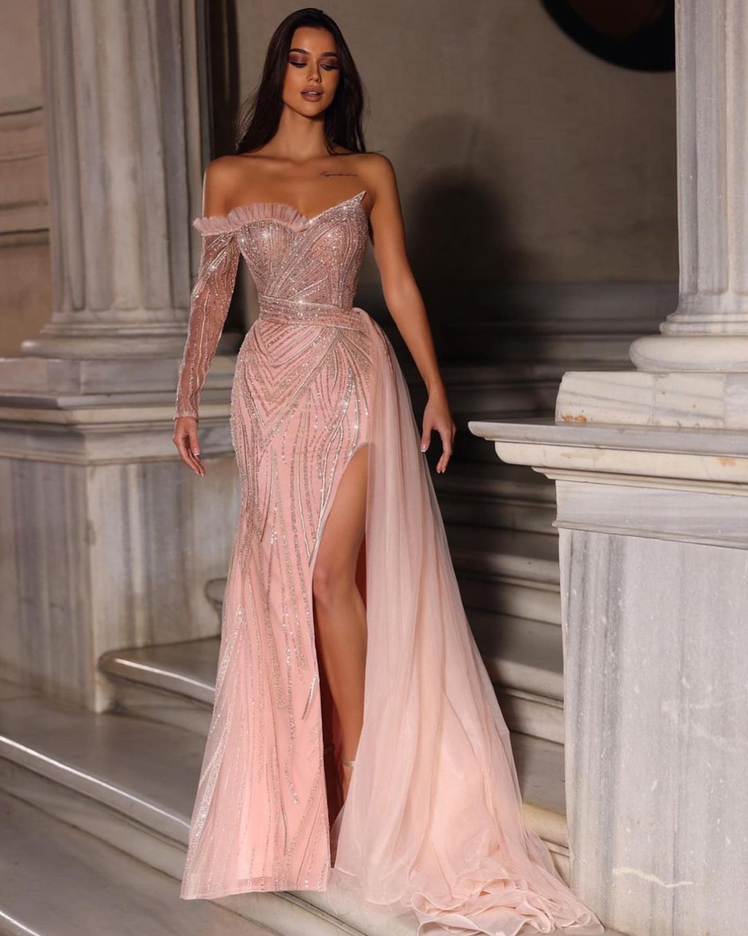 Newinlook Pink Strapless One Sleeve Split Sequins Evening Dress With Mesh Tailing