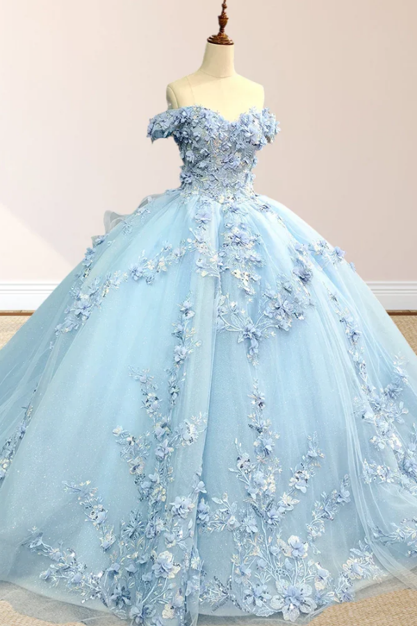 Off-Shoulder Ball Gown with 3D Floral Appliques & Lace-Up Back Baby Blue Tulle Quinceanera Dress for Sweet 16 & Birthday Parties