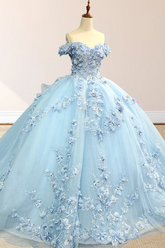 Off-Shoulder Ball Gown with 3D Floral Appliques & Lace-Up Back Baby Blue Tulle Quinceanera Dress for Sweet 16 & Birthday Parties