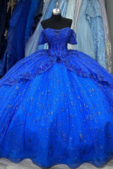Royal Blue Off-Shoulder Ball Gown Sequined Pleated Tulle Quinceanera Dress for Sweet 16 & Formal Evenings