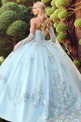 Sky Blue Quinceanera Dress Detachable Bell Sleeves & 3D Floral Lace-Up Ball Gown for Sweet 16 & Formal Events
