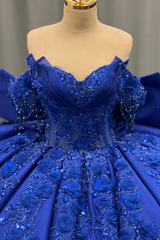 Royal Blue Satin Quinceanera Dress Off-Shoulder Ball Gown with 3D Beaded Flowers & Glitter Bow for Sweet 16 & Evening Galas