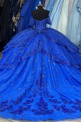 Royal Blue Off-Shoulder Ball Gown Sequined Pleated Tulle Quinceanera Dress for Sweet 16 & Formal Evenings