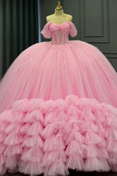 Off-Shoulder Pleated Tulle Quinceanera Dress Beaded Tiered Ball Gown for Sweet 16 & Birthday Parties