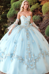 Sky Blue Quinceanera Dress Detachable Bell Sleeves & 3D Floral Lace-Up Ball Gown for Sweet 16 & Formal Events