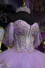 Lilac Ball Gown Off-Shoulder Sleeveless Quinceanera Dress with 3D Floral Appliques & Beaded Shawl for Formal Evenings