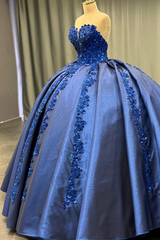 Exquisite Dark Navy Satin Quinceanera Dress Strapless Sequined Ball Gown with Pleated Glitter Detail for Sweet 16 & Formal Evenings