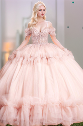 Off-Shoulder Ball Gown with Sequins & Beaded Appliques Tiered Pink Tulle Quinceanera Dress for Sweet 16 & Birthday Parties