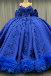Royal Blue Satin Quinceanera Dress Off-Shoulder Ball Gown with 3D Beaded Flowers & Glitter Bow for Sweet 16 & Evening Galas