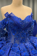 Royal Blue Satin Quinceanera Dress Off-Shoulder Ball Gown with 3D Beaded Flowers & Glitter Bow for Sweet 16 & Evening Galas