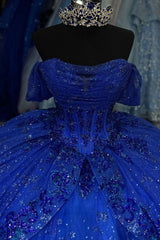 Royal Blue Off-Shoulder Ball Gown Sequined Pleated Tulle Quinceanera Dress for Sweet 16 & Formal Evenings