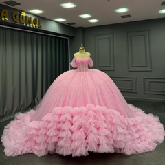Off-Shoulder Pleated Tulle Quinceanera Dress Beaded Tiered Ball Gown for Sweet 16 & Birthday Parties