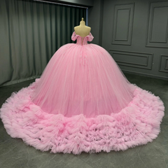 Off-Shoulder Pleated Tulle Quinceanera Dress Beaded Tiered Ball Gown for Sweet 16 & Birthday Parties