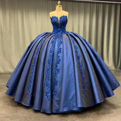 Exquisite Dark Navy Satin Quinceanera Dress Strapless Sequined Ball Gown with Pleated Glitter Detail for Sweet 16 & Formal Evenings