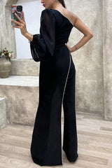 Newinlook Glamorous Long Sleeves One-Shoulder Black Satin Jump Suit