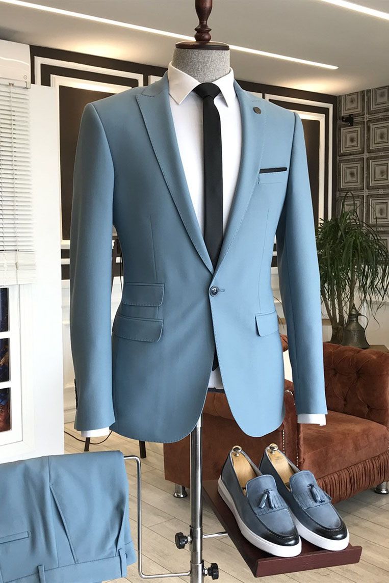 Newinlook Sky Blue Affordable Peaked Lapel Wedding Suit with Three Flaps