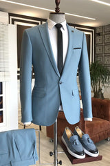 Newinlook Sky Blue Affordable Peaked Lapel Wedding Suit with Three Flaps