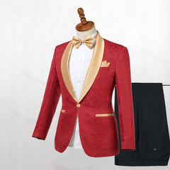 Newinlook Gentle Red Jacquard Shawl Lapel One-Button Wedding Suit