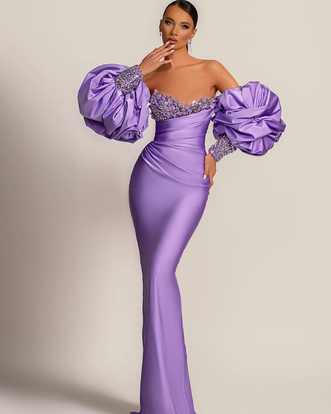 Newinlook Elegant Purple Bubble Sleeves Sequins Evening Dress