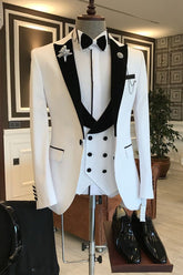 Newinlook Elegant White and Black One-Button Prom Suit with Peaked Lapel