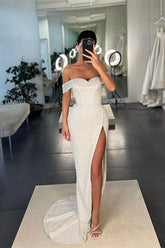 Mermaid White Off the Shoulder Sleeveless Sequins Formal Dress With Split