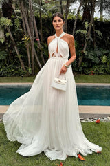 Halter Backless Sleeveless Long High Split Formal Dress With Pleated