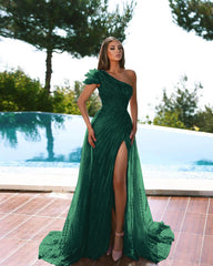 Newinlook Stunning Cap Sleeve One Shoulder Mermaid Evening Dress Tulle Long Slit With Beadings