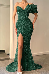 Newinlook Glitter Orange V-Neck Mermaid Split Off-The-Shoulder Evening Dress With Sequins