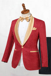 Newinlook Gentle Red Jacquard Shawl Lapel One-Button Wedding Suit