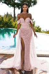 Newinlook Off-The-Shoulder Gorgeous Sweetheart Mermaid Beadings Evening Dress Sequins With Slit Tulle