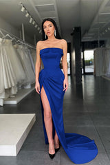 Newinlook Red Strapless Mermaid Charmeuse Evening Dress Split