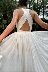 Halter Backless Sleeveless Long High Split Formal Dress With Pleated