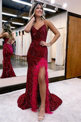 Newinlook Gorgeous Red Spaghetti Straps Split Sequins Mermaid Evening Dress Long With Feather