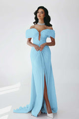 Off the Shoulder Sleeveless Long Mermaid Formal Dress With Ruffles Pleated