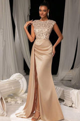 Newinlook Champagne Crew Neck Sequins Split Sleeveless Evening Dress