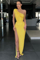 Newinlook Yellow Mermaid One-Shoulder Evening Dress Sequins Split