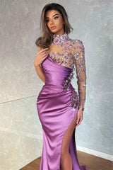 Newinlook Dark Purple Appliques Mermaid High Collar Evening Dress With Beadings Split