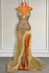 Glamorous Gold Sleeveless Mermaid Long Formal Dresses with Sequins High Slit and Feather Beadings