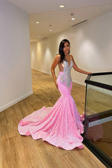 Newinlook Sexy Transparent Straps Pink Mermaid Sequins Beads Evening Dress With Flared Hemline