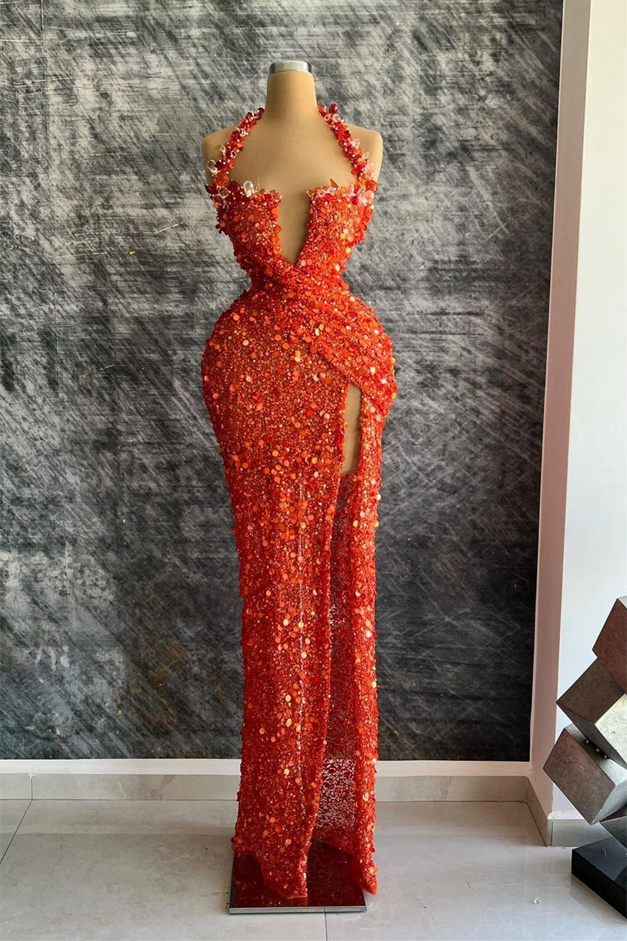 Newinlook Red Halter Deep V-Neck Sequins Evening Dress Mermaid With Rhinestone Slit